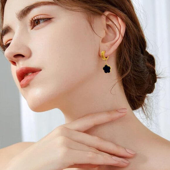 Women's 18K Gold-Plated Zircon Earrings Hoop Dangle Clover Earring Golden Black - Picture 2 of 7